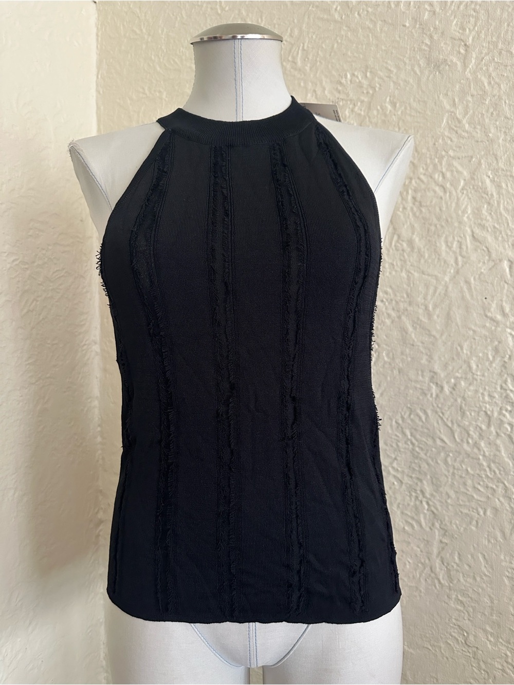 Anthropologie Moth Black High Neck Knit Top Sleeveless Fringe Detail NWT Small